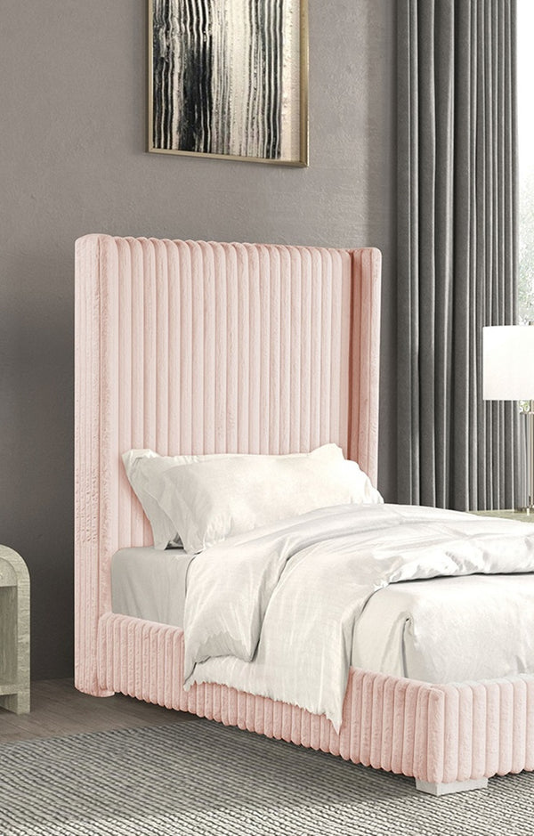 English Elm Pink Full Size Contemporary Bed with Fur Chenille Upholstery, Mattress-Ready, Wood Frame 59x84x68 Pink 65 L x 73.5 W x 6.5 H B2741P320870