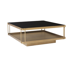 Sunpan Finch Coffee Table - Stunning Mid-Century Design with Black Glass Top & Antique Brass Shelf, 40" Square