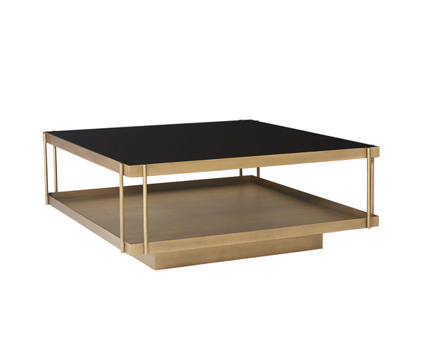 Sunpan Finch Coffee Table - Stunning Mid-Century Design with Black Glass Top & Antique Brass Shelf, 40" Square