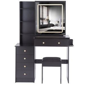 English Elm 37" Vanity Table Set with Led Mirror Stool Built-in Outlets and Hair Dryer Storage Black W3258P448844