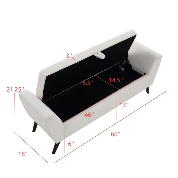 English Elm 60'' Upholstered Storage Bench Teddy Fabric Walnut Legs Mid-century Bedroom Seat Cream W2671P388093