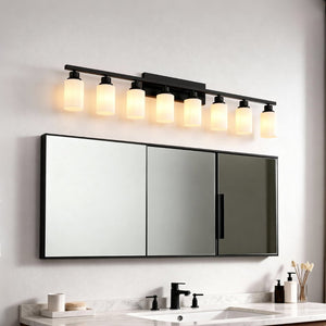 English Elm Wall Vanity Light Eight Bulb Matte Black Metal Glass Shade Modern Bathroom Fixture W5008P389870