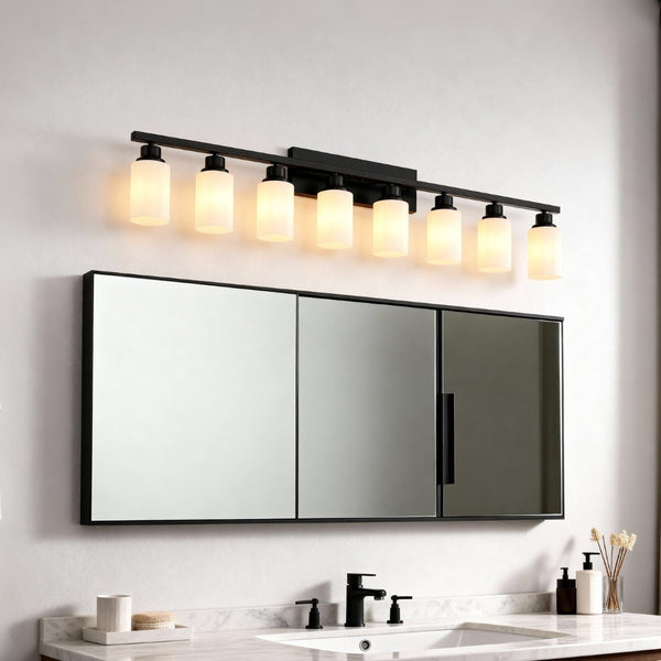 English Elm Wall Vanity Light Eight Bulb Matte Black Metal Glass Shade Modern Bathroom Fixture W5008P389870