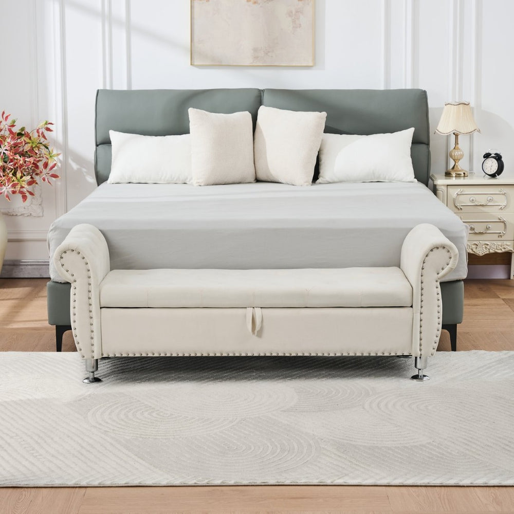 English Elm 62.2 Inch Velvet Tufted Storage Bench Crystal Button Bedroom Foot of Bed Seat Beige W288P401771