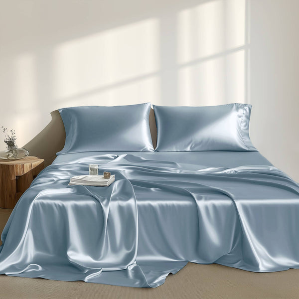 JLA Home Madison Park Essentials - Luxury Satin Sheet Set for Smooth, Skin-Friendly Sleep with Wrinkle-Resistant Finish & OEKO-TEX Safety Blue MPE20-1130