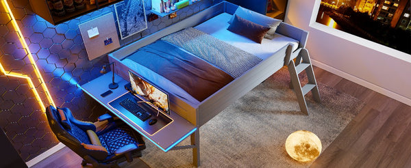 English Elm Wood Full Size Gaming Loft Bed with Desk, LED Lighting, Grey — Sturdy Pine Storage, 400lb Capacity, Space-Saving Design N709P236480E