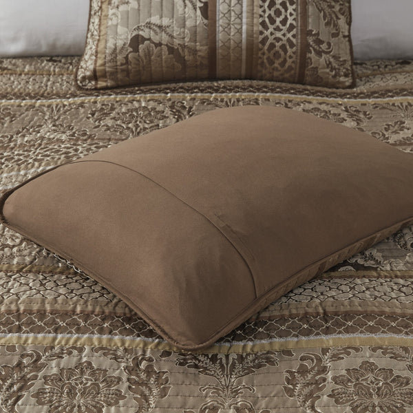 English Elm 6 Piece Bellagio Jacquard Quilt Set Reversible Full/Queen with Embroidered Leaf Motifs & Pillows Brown+Gold 23.03 L x 17.72 W x 7.87 H B03597482