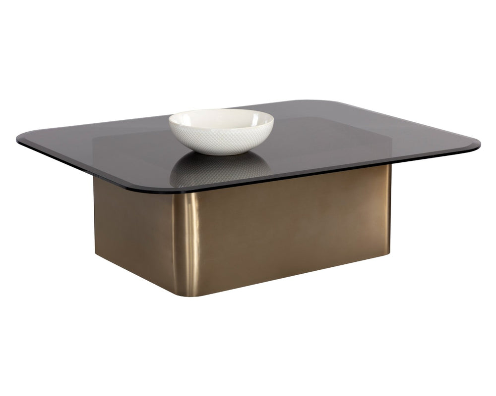 Sunpan AMADEUS Coffee Table – Contemporary Design with Antique Brass Base & Grey Glass Top for Modern Living 108042