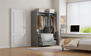 English Elm Open Open Wooden Wardrobe with 2 Rods, 5 Shelves & 3 Drawers — Modern Gray White Storage Solution N820S00021E