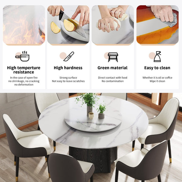 English Elm 59.05" Round Sintered Stone Dining Table Seats 8 with Oak Base and Lazy Susan W1535S00616