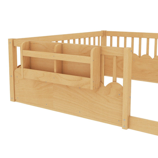 English Elm Queen Low Profile Kids Floor Bed with Guardrails Bookshelf and Pine Wood Frame Natural W1580P373143
