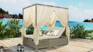 English Elm U_Style Outdoor Adjustable Sun Bed with Canopy & Curtains, Steel Frame, PE Rattan, 400lb Capacity Beige WY000437AAA