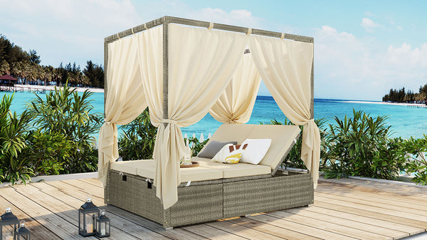 English Elm U_Style Outdoor Adjustable Sun Bed with Canopy & Curtains, Steel Frame, PE Rattan, 400lb Capacity Beige WY000437AAA