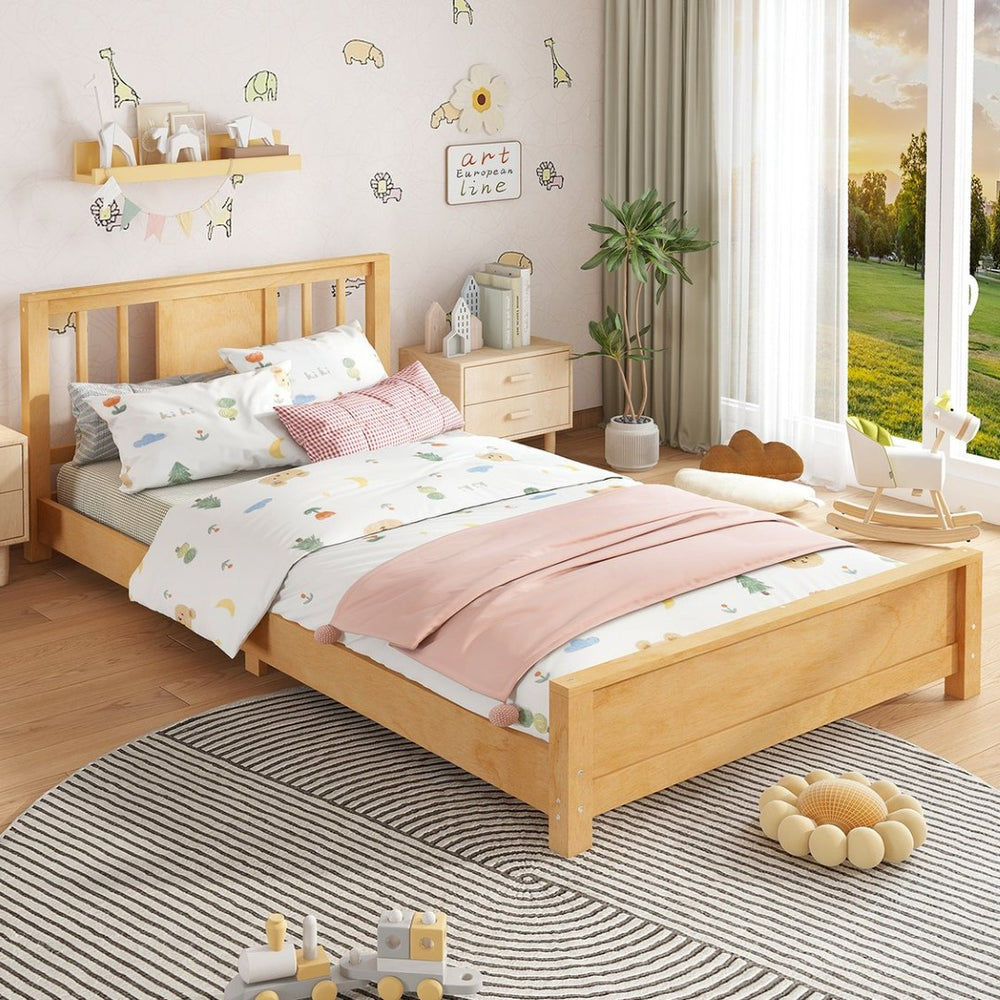 English Elm Twin Low Profile Floor Bed with Guardrails Pine Wood Frame Minimalist Bedroom Natural W1580P438799