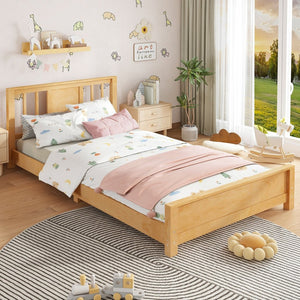 English Elm Twin Low Profile Floor Bed with Guardrails Pine Wood Frame Minimalist Bedroom Natural W1580P438799