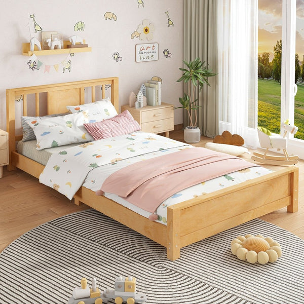 English Elm Twin Low Profile Floor Bed with Guardrails Pine Wood Frame Minimalist Bedroom Natural W1580P438799