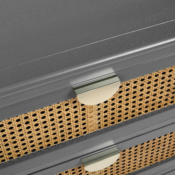 English Elm 3 Drawer Cabinet Solid Wood Veneer & Natural Rattan Finish, Hand-Painted Detail, Anti-Slip Feet for Bedroom Living Room Study (34x18x10 in) Gray W68858065