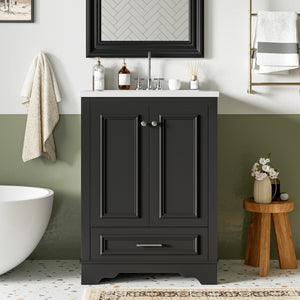 English Elm 24'' Bathroom Vanity with Ceramic Sink Combo Modern Freestanding MDF Cabinet with Soft-Close Doors and Sleek Silver Handles for Spacious Organized Bathroom Storage Black N710P194893B