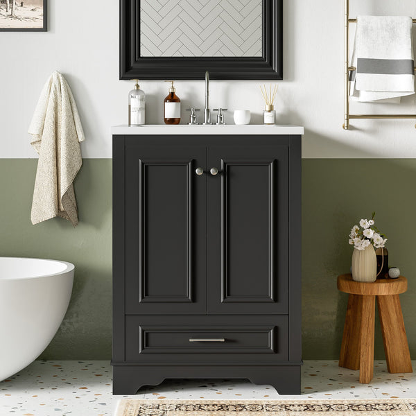 English Elm 24'' Bathroom Vanity with Ceramic Sink Combo Modern Freestanding MDF Cabinet with Soft-Close Doors and Sleek Silver Handles for Spacious Organized Bathroom Storage Black N710P194893B