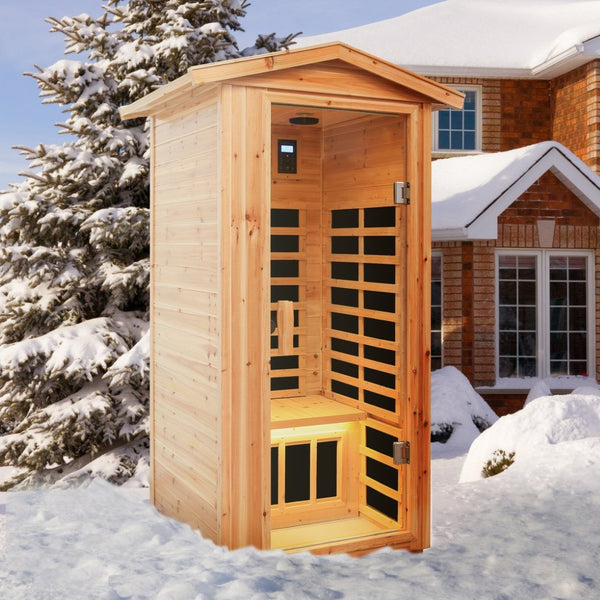 English Elm One Person Outdoor Far Infrared Sauna Aged Fir Wood Spa with Led Audio Panel W632S00013