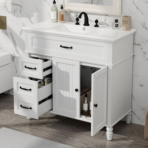 English Elm Christopher Knight Home® - 36" Bathroom Vanity with Sink - Freestanding Ceramic Top, Soft-Close Doors & Drawers, Robust Craftsmanship White N759P340019K