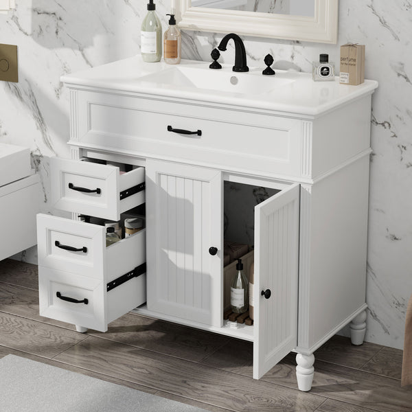 English Elm Christopher Knight Home® - 36" Bathroom Vanity with Sink - Freestanding Ceramic Top, Soft-Close Doors & Drawers, Robust Craftsmanship White N759P340019K