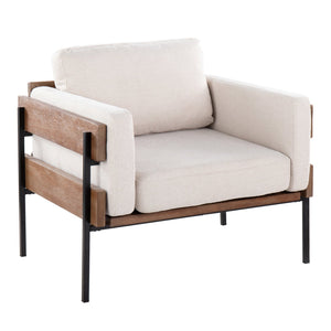 English Elm Kari Farmhouse Accent Chair with Wood Panel & Metal Frame, Plush Faux Leather Cushions, Luxe Seating Cream B202S01292