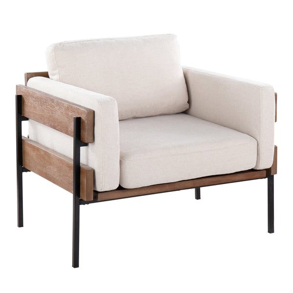 English Elm Kari Farmhouse Accent Chair with Wood Panel & Metal Frame, Plush Faux Leather Cushions, Luxe Seating Cream B202S01292