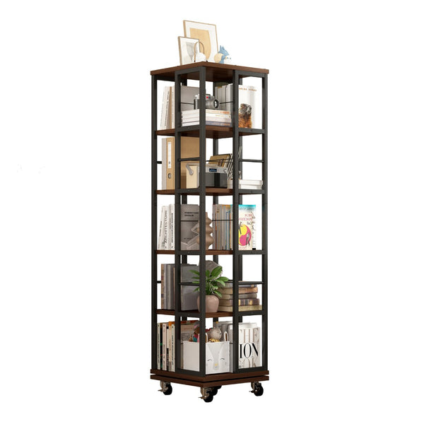 English Elm 5 Tier Rotating Corner Bookcase Rustic Brown Steel Wood Spinning Floor Shelf W2641P399191