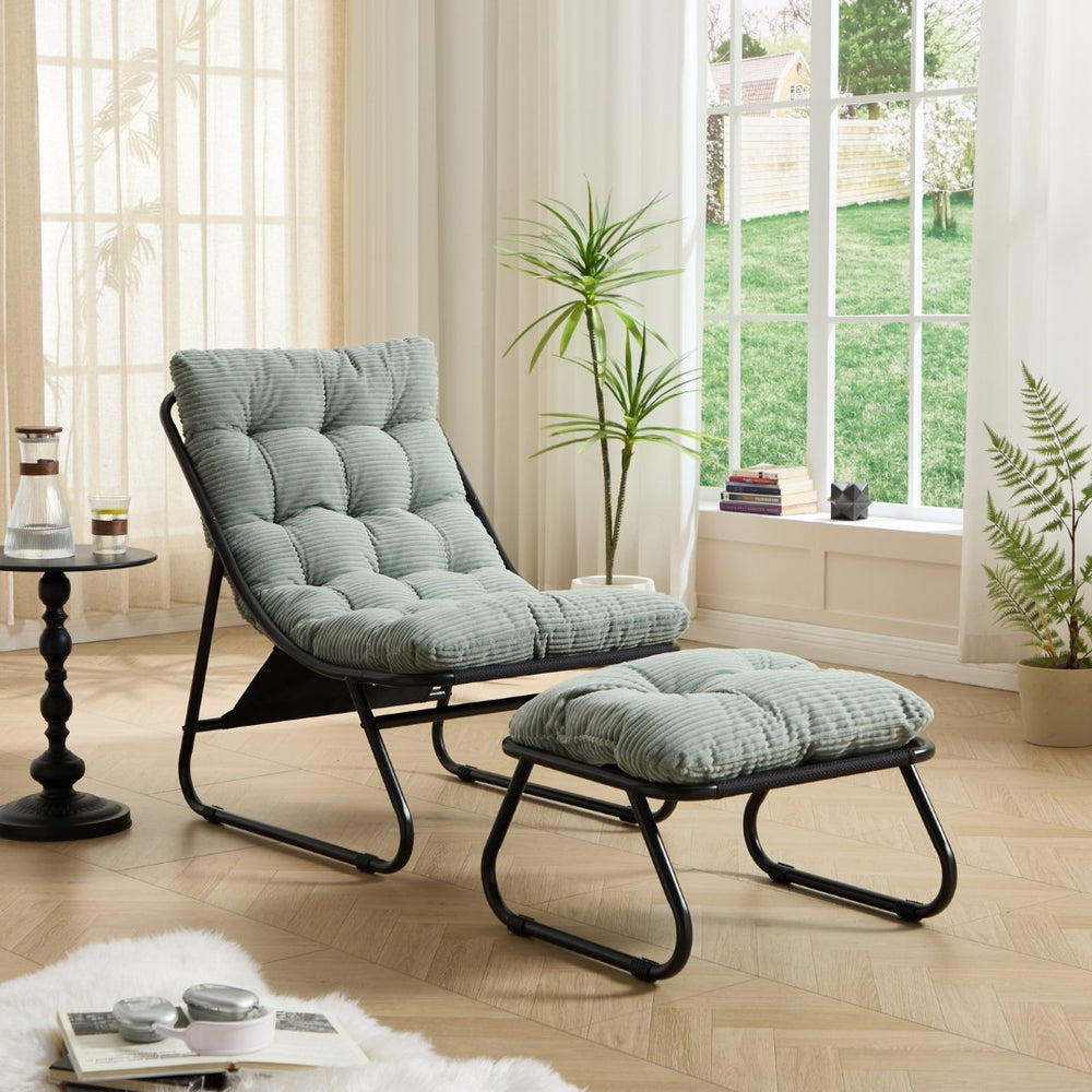 English Elm Patio Steel Sling Recliner with Corduroy Cushion and Ottoman for Indoor Outdoor Use W640P443496