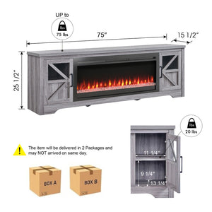 English Elm 75" Gray Wood Tv Stand with 44 Inch Electric Fireplace for Living Rooms W1769S00009