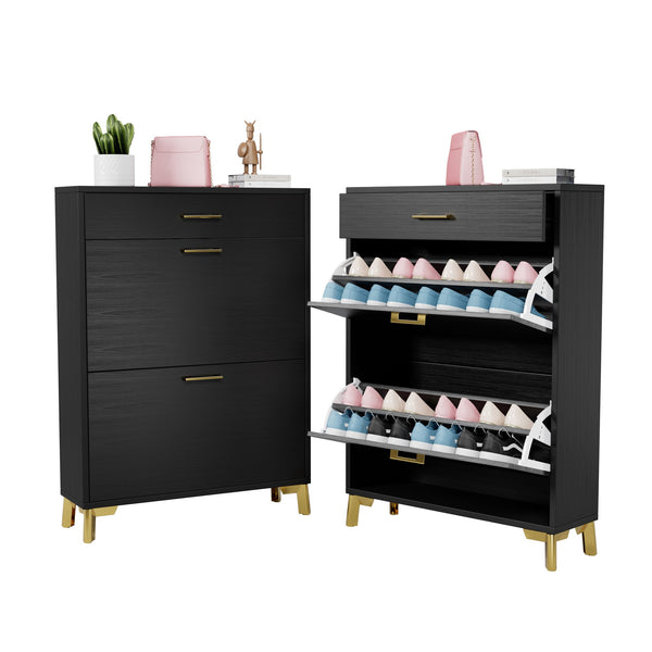 English Elm Shoe Storage Cabinet with Slim Footprint and 2 Flip Drawers, Durable MDF & Metal Organizer for Entryway Black W578124377