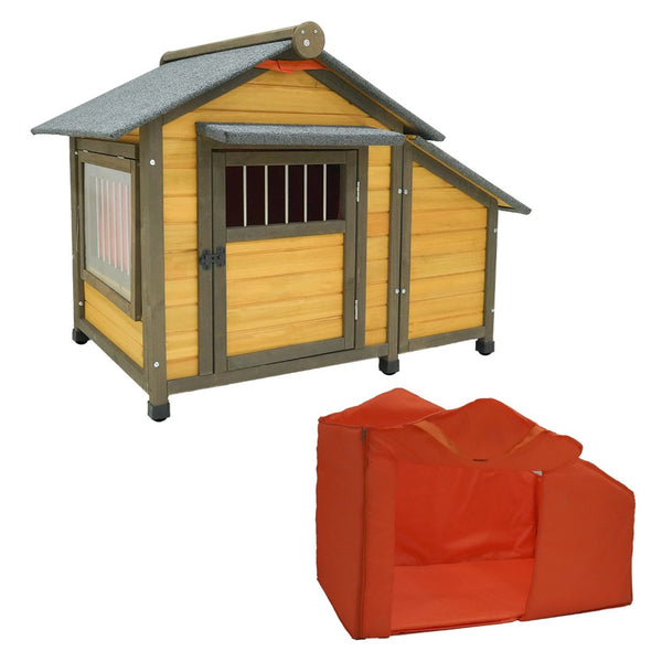 English Elm 50" Solid Wood Outdoor Dog Kennel Insulated Shelter with Shingled Roof for Small Breeds W1431P421934