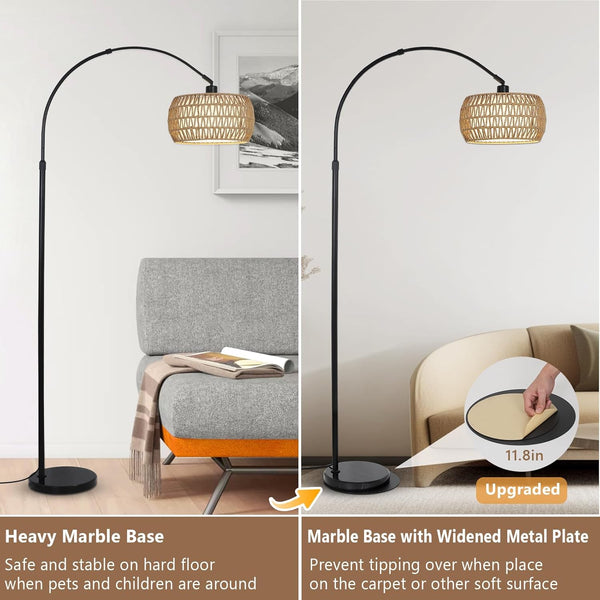English Elm Arc Floor Lamp With Remote & Dimmable Led Bulb - Adjustable Height, Boho Rattan Shade For Cozy Living Spaces W2738P185417