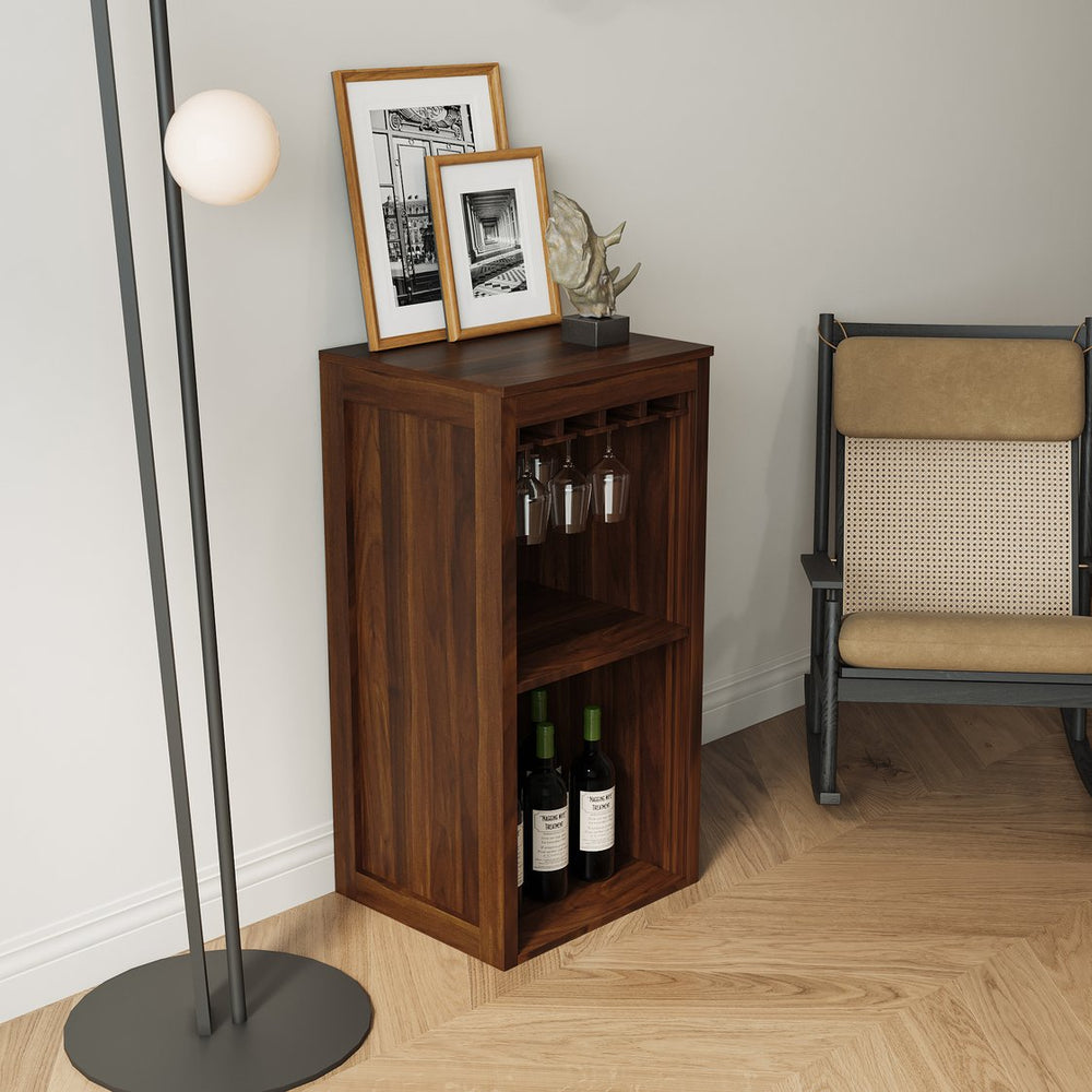 English Elm Brown walnut modular wine bar cabinet with hutch and shelves — versatile storage, display, buffet unit W331P282805