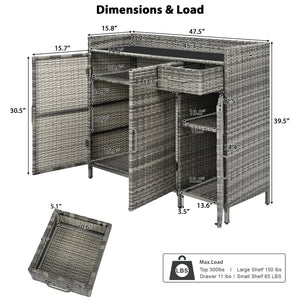 English Elm K&k Outdoor Wicker Bar Cabinet with Tempered Glass Top Adjustable Shelving and Drawer Grey N707P233745G