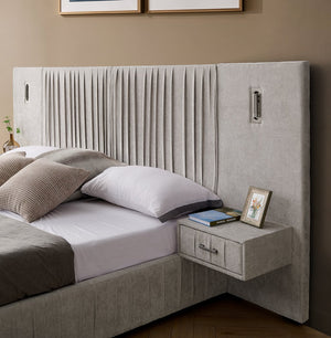 English Elm Queen Modern Upholstered Platform Bed with Pleated Chenille Headboard, Built-In Nightstand & Lamp Beige W487S00402