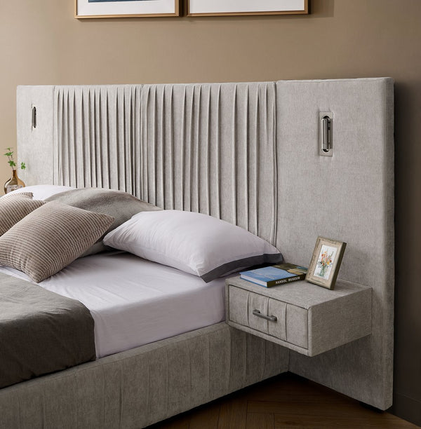 English Elm Queen Modern Upholstered Platform Bed with Pleated Chenille Headboard, Built-In Nightstand & Lamp Beige W487S00402