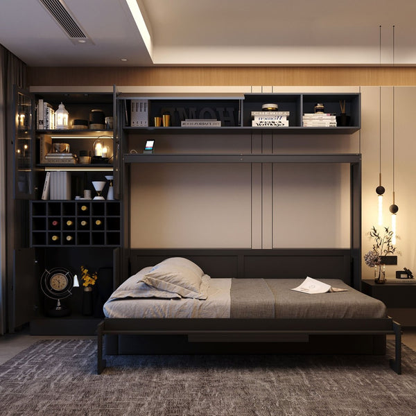 English Elm Full Size Murphy Wall Bed with Linen Sofa Shelving Usb Charging and Built-in Light LP000763AAE
