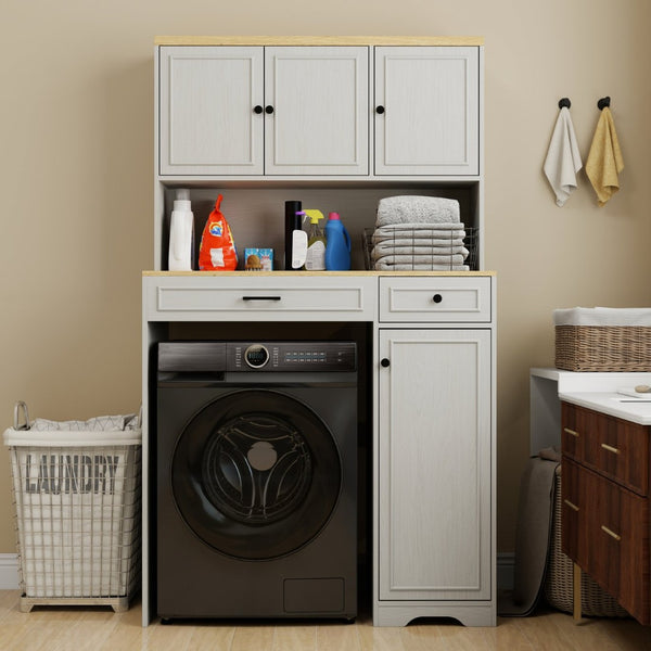 English Elm Over Washer Dryer Laundry Cabinet with Basket Drawer Adjustable Shelves Antique White W1120P338184
