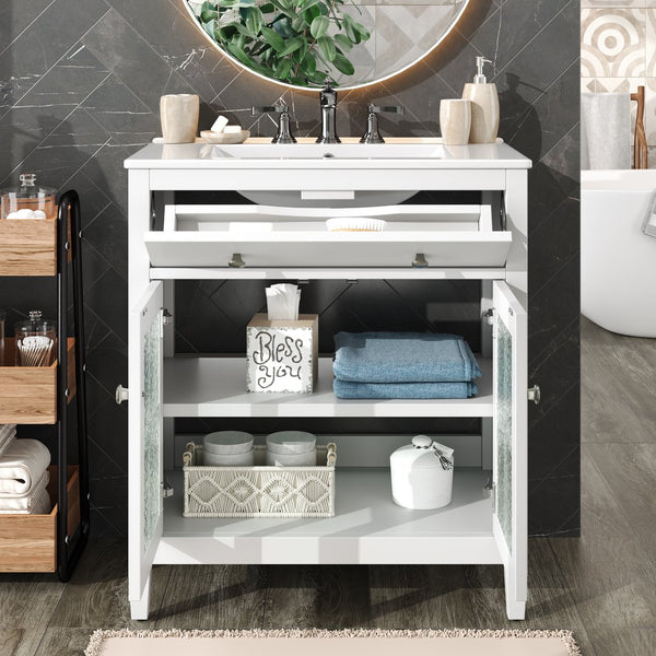 English Elm Christopher Knight Home® - 30" Bathroom Vanity with Ceramic Sink, Solid Wood Legs, Adjustable Shelf, Tip-Out Tray, Soft-Close Hinges, Silver Knobs, Moisture-Resistant Finish White N817P286250W