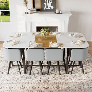 English Elm 9-piece Square Dining Set with Marble Wood Tabletop and Gray Pu Leather Chairs for 8 W3875S00146