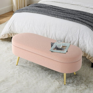 English Elm Ottoman Oval Flannel Storage Bench with Matte Metal Legs for Bedroom or Living Room Pink W487P438632