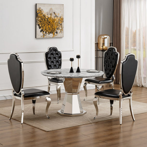 English Elm 47" Round Marble Dining Table - Stylish Faux Marble Top & Durable Stainless Steel Base For Any Space W3456S00004