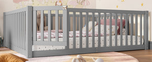 English Elm Twin Floor Bed Pine Wood Frame with Guardrails and Door for Safe Toddler Sleep Gray W1580P418052