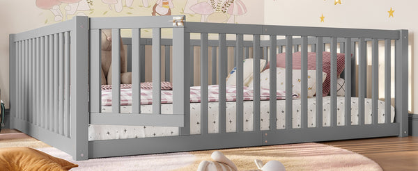 English Elm Twin Floor Bed Pine Wood Frame with Guardrails and Door for Safe Toddler Sleep Gray W1580P418052