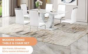 English Elm Table Modern Marble Pattern Dining Set - 71"X35.4" Glass Table With 6 Elegant White Pu Chairs W1151S02114-GIGA