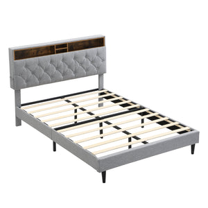 English Elm Queen-Size Upholstered Platform Bed Frame with Button-Tufted Linen Headboard, Built-In USB Hub and Storage LIGHT GREY W311P285479