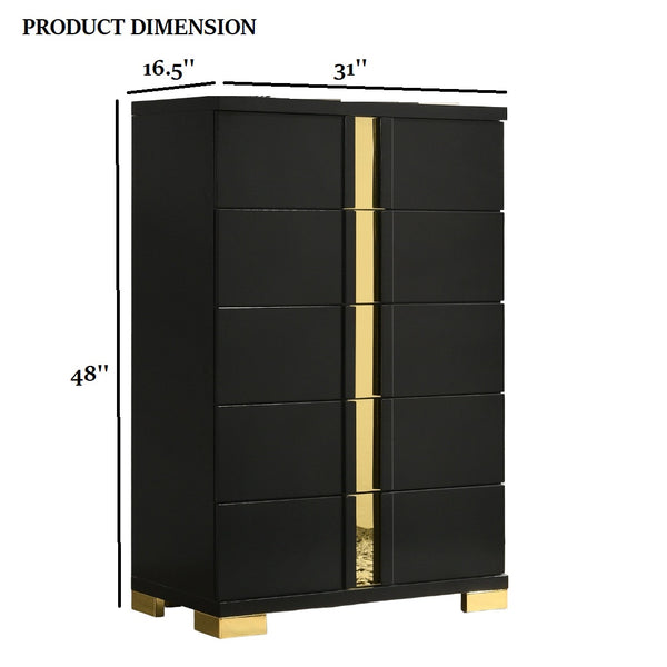 English Elm Black Sleek Chest with Gold Accents and Acrylic Trim, Dust‑Proof Drawers, Metal Bracket Legs, Modern Appeal Black,Gold 20 L x 35 W x 50 H B2741P370857