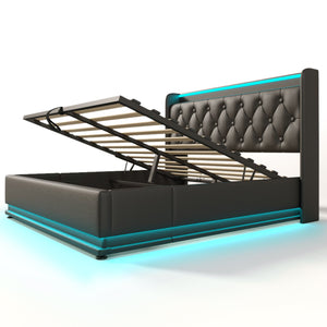 English Elm Queen Upholstered Bed with Surround LED, App/Remote Control, Hydraulic Storage, USB Type-C Charging Black N736P188807B